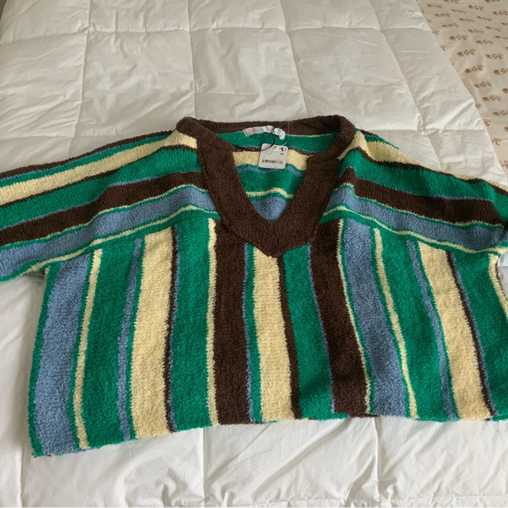 Free People Striped V-Neck Terrycloth Top Green, Brown, Cream, Blue